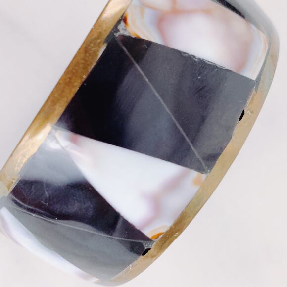 Vintage Brass Bangle Shell Inlay Black Resin Geometric Cuff 1960s 1970s - Picture 2 of 16